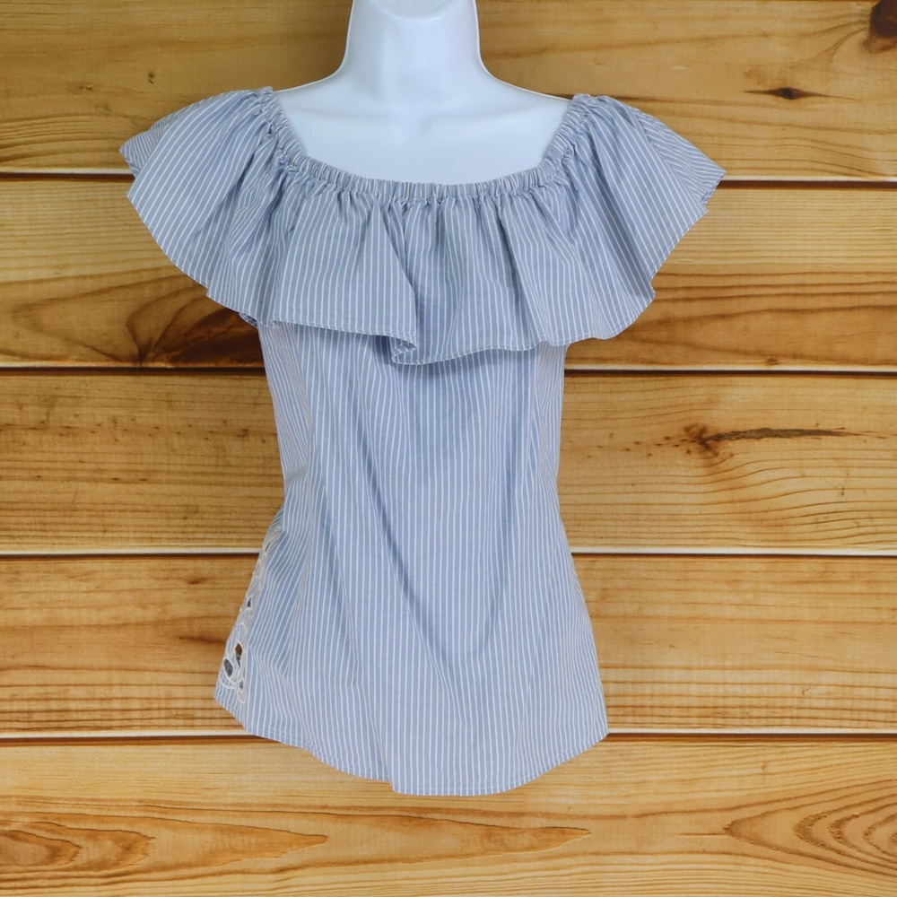 Merona Off The Shoulder Blouse Shirt Womens Sz S Blue Striped Lace Accent Ruffle